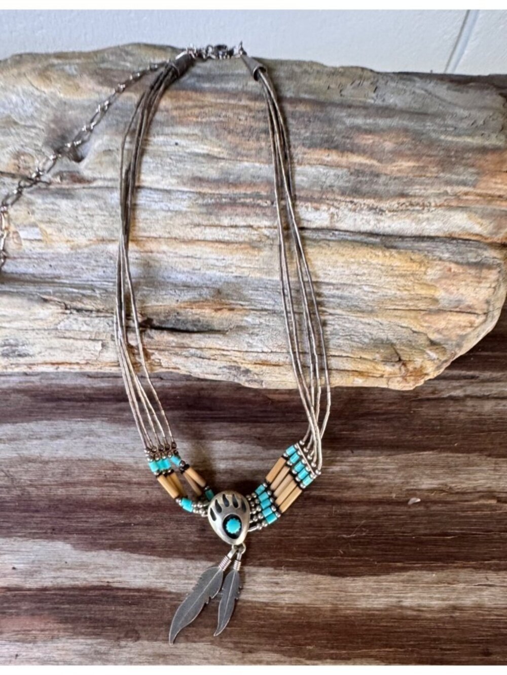 Southwestern Bear Paw Necklace STG 925 Clasp 16-18” Turquoise Feather